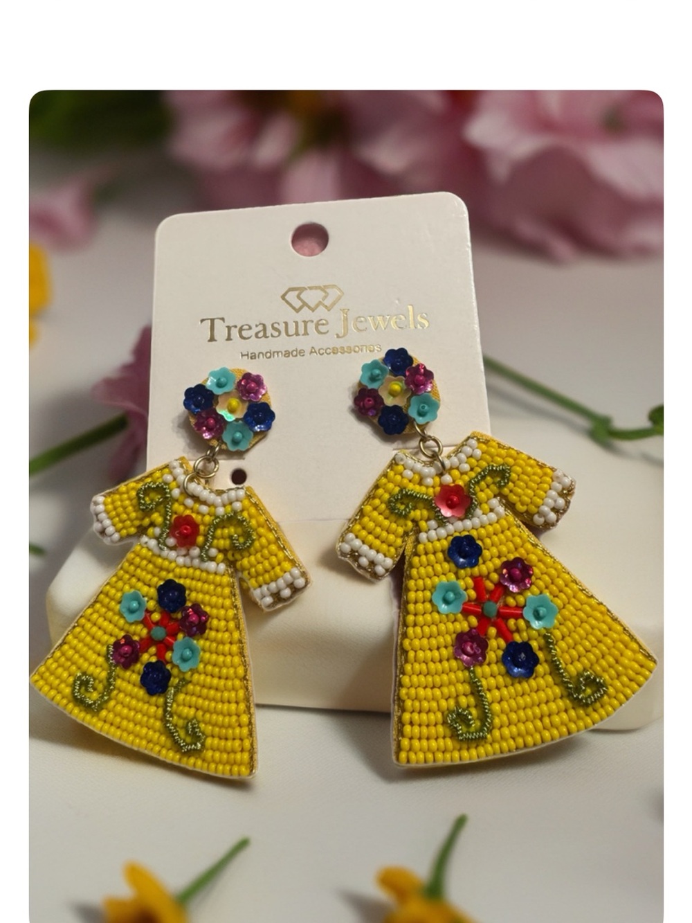 Treasure Jewels Yellow Beaded Floral Dress Earrings